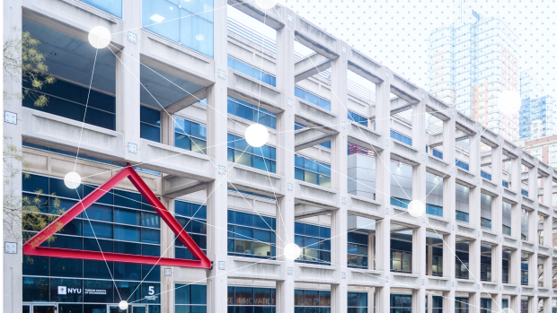 Exterior of Dibner Building with an overlay of interconnected nodes