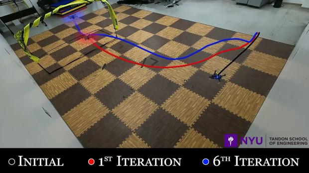 Flight paths of indoor drones illustrated in multiple colors.