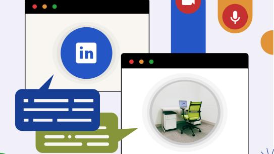 Two windows showing speech bubbles and elevated icons, representing employer conducting virtual interview with a candidate in the Tandon Career Hub Interview Room