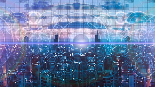 City skyline with digital info graphics superimposed