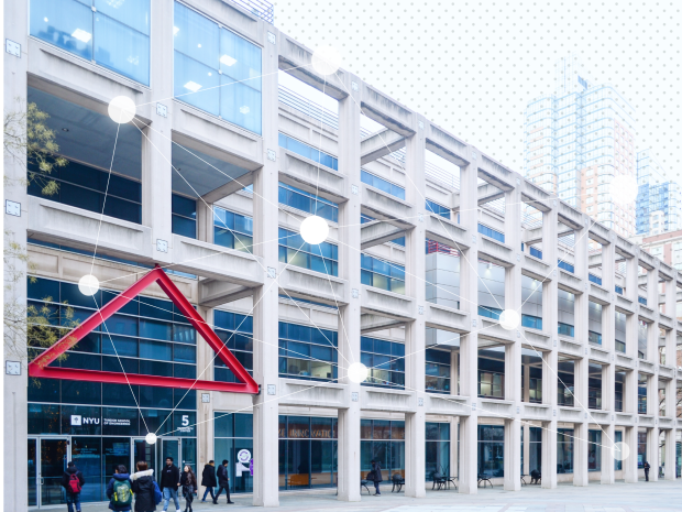 Exterior of Dibner Building with an overlay of interconnected nodes 