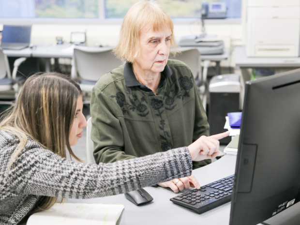 Two people sitting at a computer.