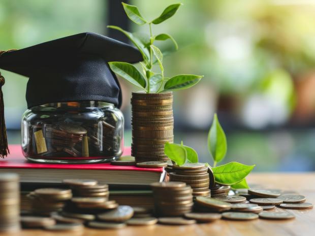 Tuition and Financial Aid Money jar with a graduation hat, lots of coins