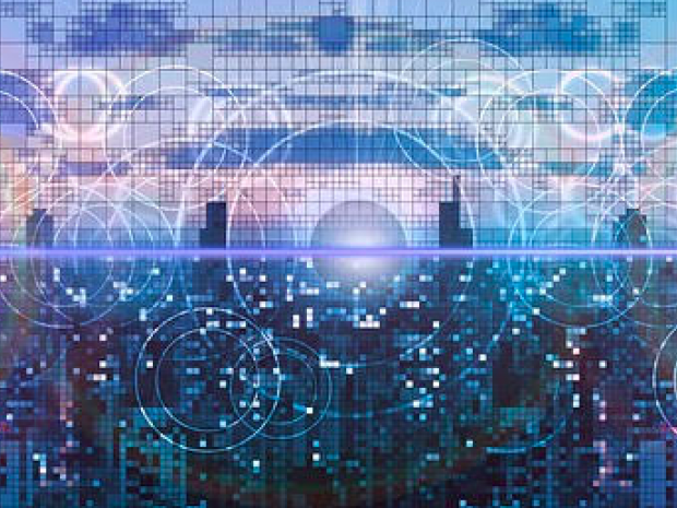 City skyline with digital info graphics superimposed