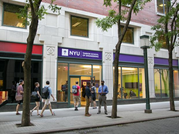 students walking outside by NYU Tandon building
